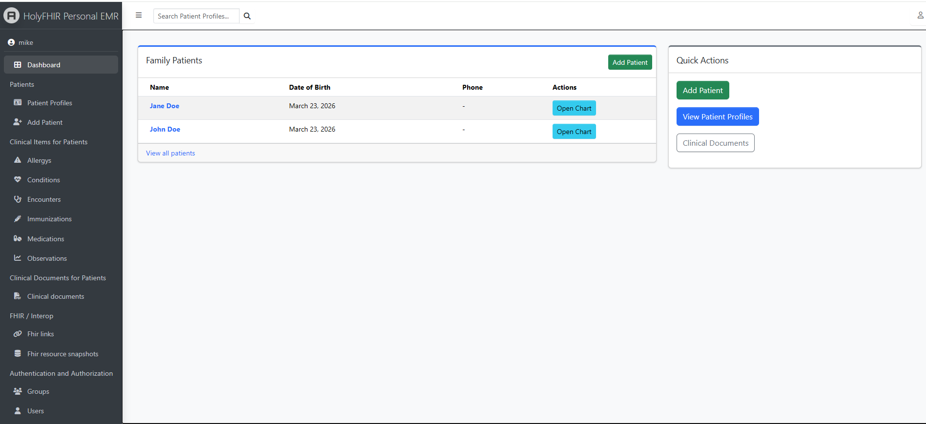 HolyFHIR Personal EMR desktop application showing a patient record screen
